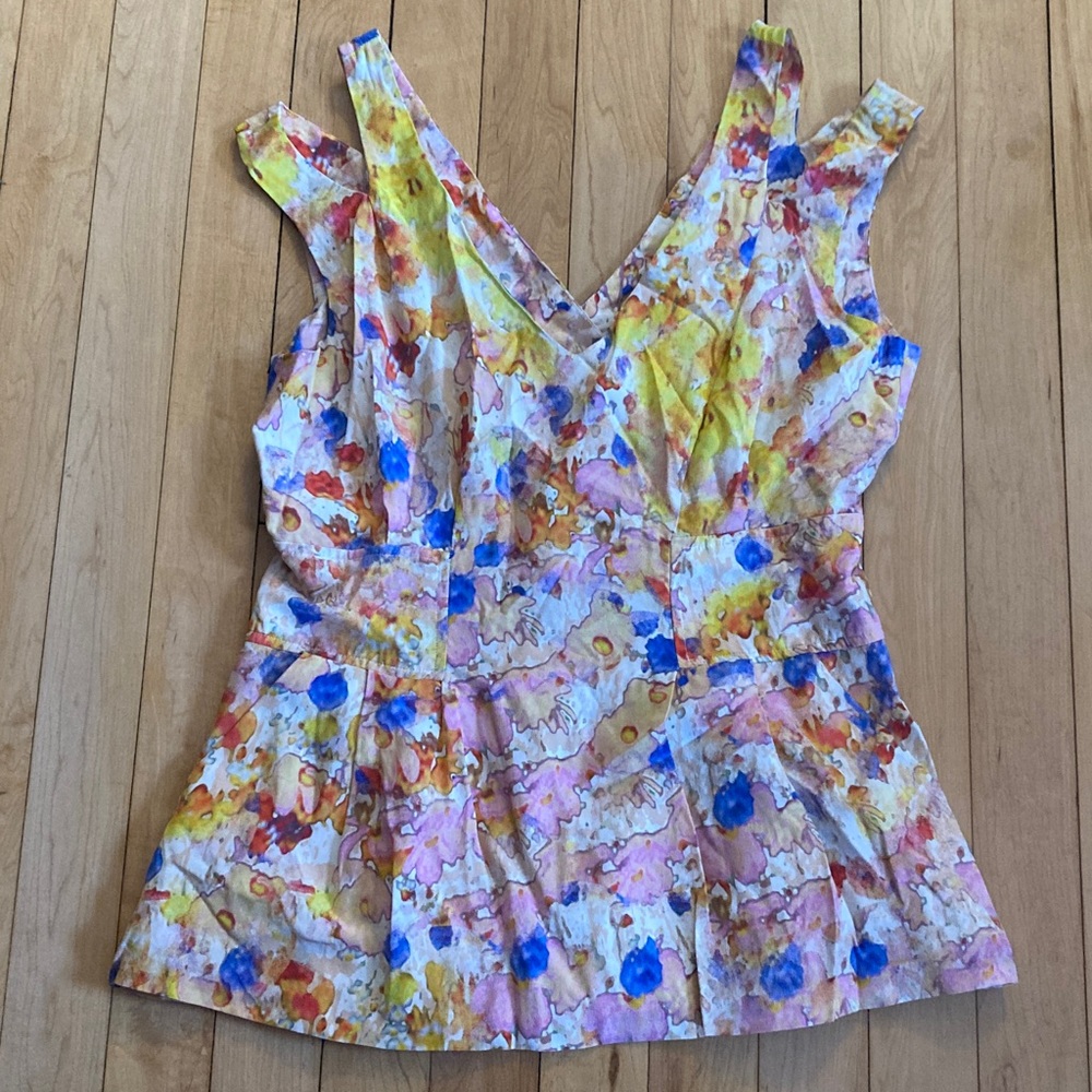Cluny Watercolor Floral Multicolor Sleeveless Top 100% Silk Size 6